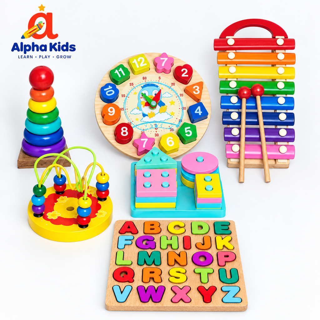 6-in-1 Wooden Educational Toy Set for Toddlers – Complete Montessori Learning & Activity Kit