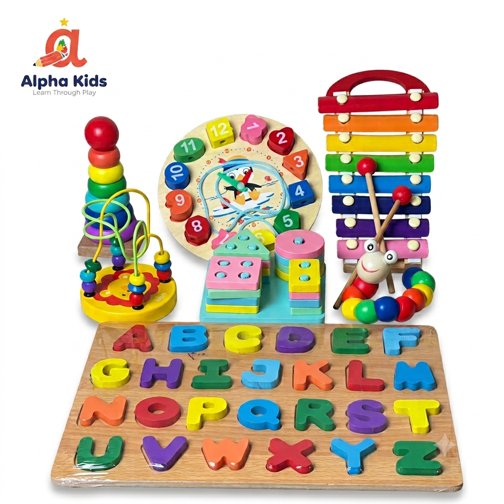 7-in-1 Wooden Educational Toy Set for Toddlers – Complete Montessori Learning & Activity Kit