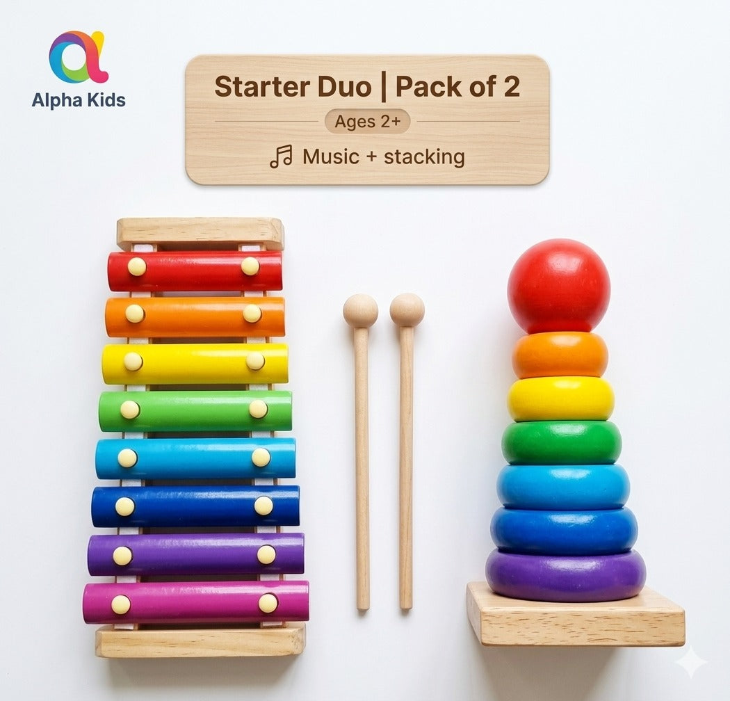 2-in-1 Wooden Educational Toy Bundle for Toddlers 🎁 | Musical Xylophone & Rainbow Stacking Tower | Montessori Starter Set