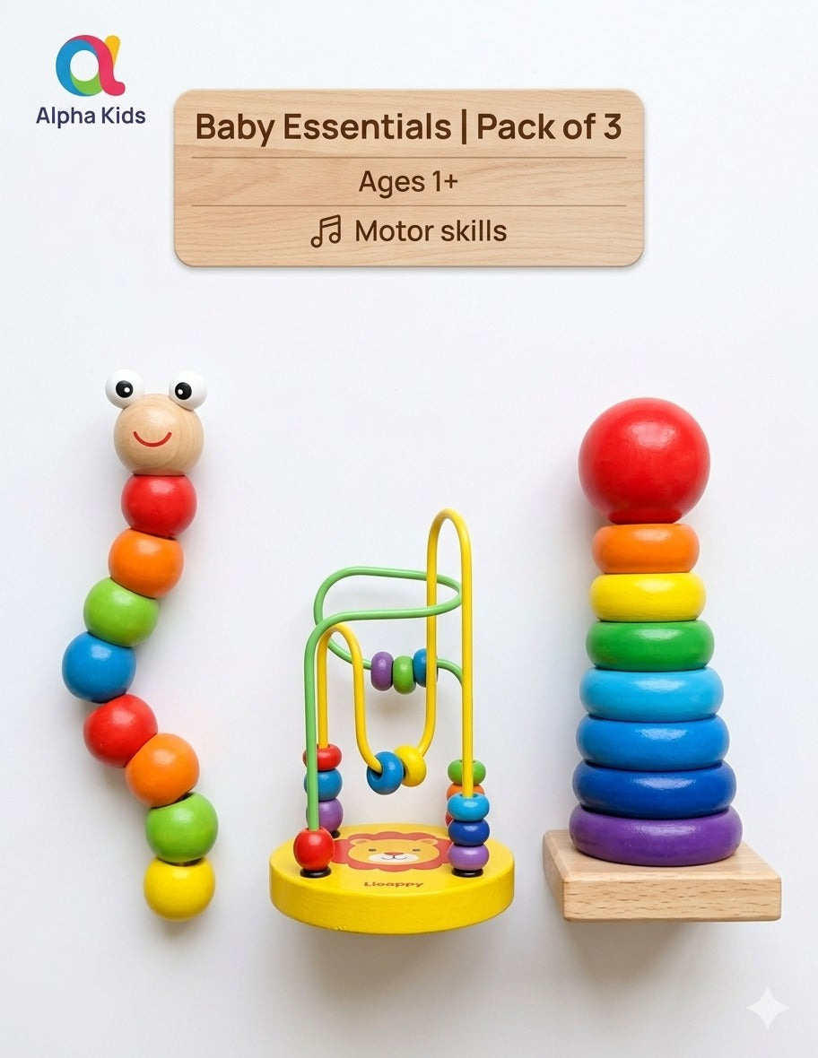 3-in-1 Wooden Educational Toy Bundle for Toddlers | Baby Essentials Sensory Set with Wooden Caterpillar, Beads Maze & Rainbow Stacking Tower | Montessori Fine Motor Skills Toys
