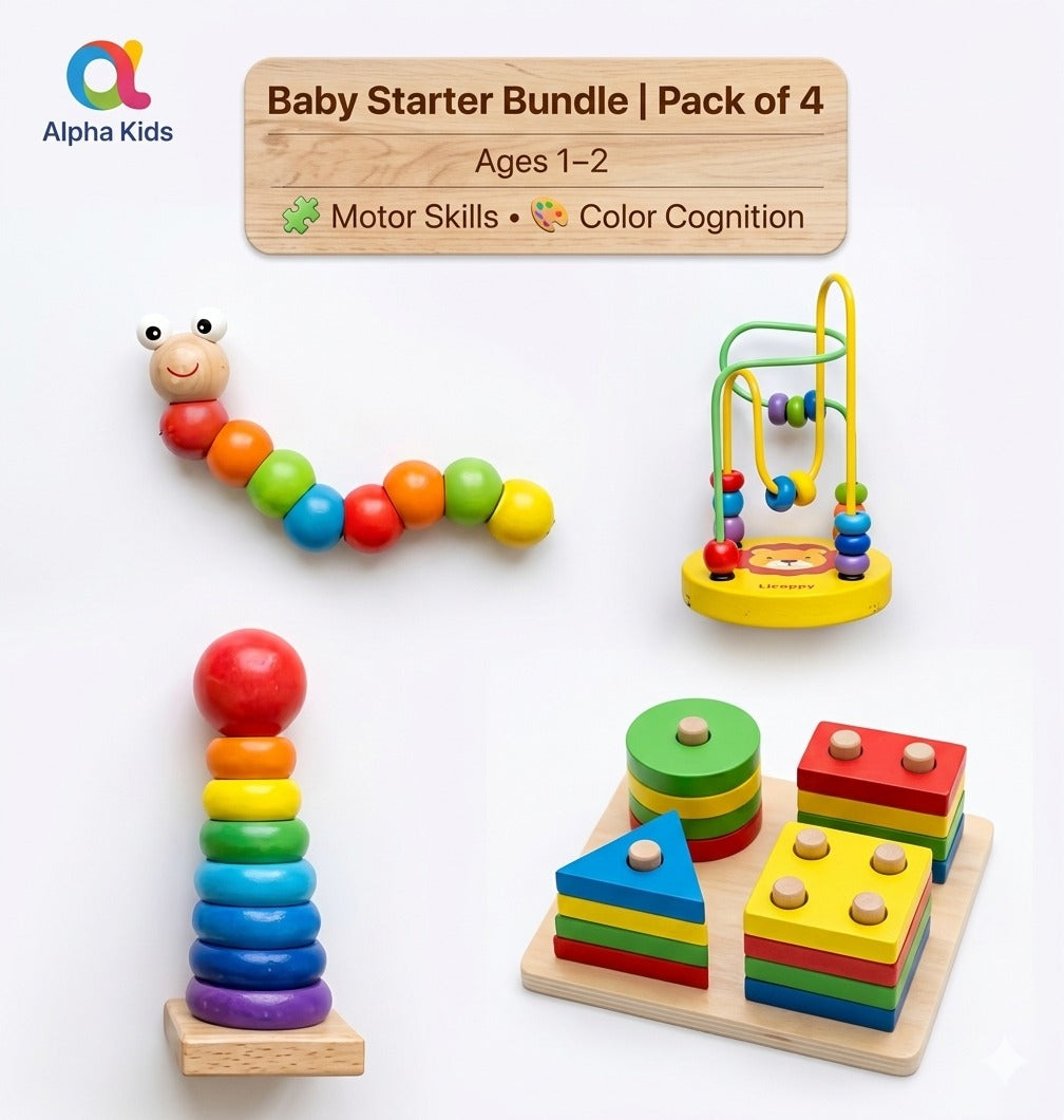 4-in-1 Wooden Educational Toy Bundle for Toddlers | Baby Starter Bundle with Wooden Caterpillar, Beads Maze, Rainbow Stacking Tower & Shape Sorter | Montessori Motor Skills Toys