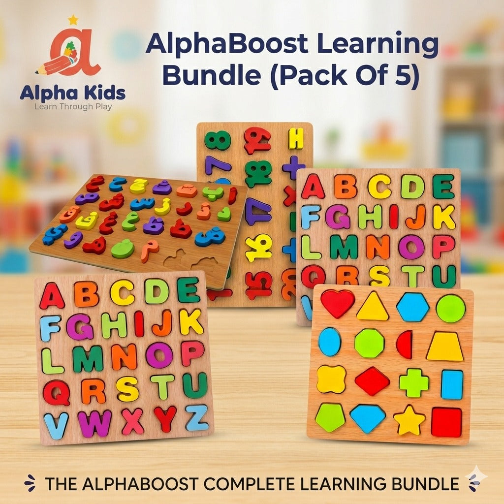 5-in-1 Wooden Educational Toy Bundle for Kids 🎁 | AlphaBoost Learning Bundle: Urdu, English, Numbers & Shapes | Montessori Set