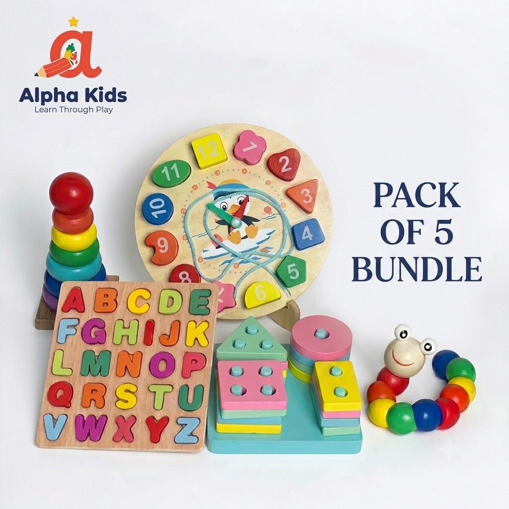 5-in-1 Wooden Educational Toy Bundle for Kids 🎁 | Alphabet, Numbers, Shape Sorter, Rainbow Tower & Clock | Montessori Learn & Play Set